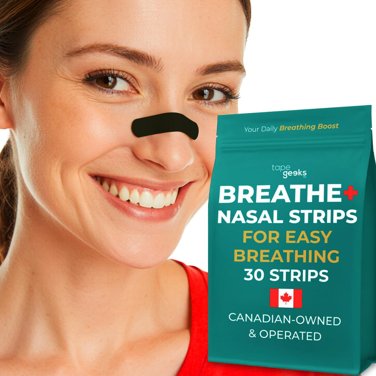 Woman wearing a breathe nasal strip with a package of TapeGeeks Breathe Nasal Strips in the foreground.