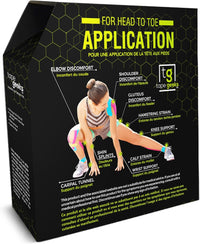 TapeGeeks kinesiology tape bulk roll box with illustrated guide for head-to-toe application and targeted pain relief.