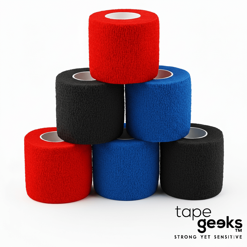 Stack of TapeGeeks self-adhesive cohesive bandage wraps in red, blue, and black, designed to provide breathable compression, joint support, and secure athletic wrapping without sticking to skin or hair.
