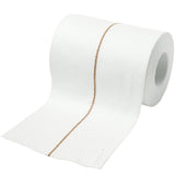 A roll of white TapeGeeks Elastic Adhesive Bandage Tape unrolling with a brown guideline, showing its breathable woven texture and elastic support design for injury stabilization, sports strapping, and compression wrapping.
