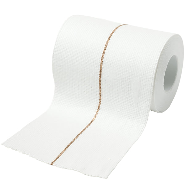A roll of white TapeGeeks Elastic Adhesive Bandage Tape unrolling with a brown guideline, showing its breathable woven texture and elastic support design for injury stabilization, sports strapping, and compression wrapping.