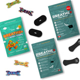 The complete TapeGeeks Family Sleep Kit displayed with adult nasal strips, kids nasal strips, and mouth tape, showing all components designed to improve breathing and support deeper family sleep.
