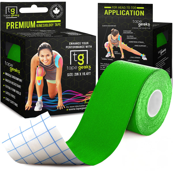 Green TapeGeeks 2-inch kinesiology tape roll beside the box, designed for athletes needing flexible muscle support and fast recovery.