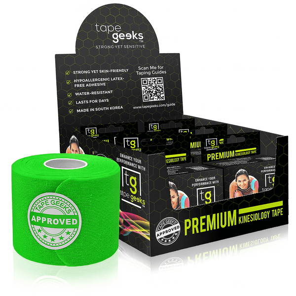 Green TapeGeeks kinesiology tape for high-visibility, skin-friendly athletic support and reliable performance.