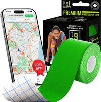Green TapeGeeks 2-inch kinesiology tape roll beside the box, designed for athletes needing flexible muscle support and fast recovery.