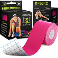 Hot pink TapeGeeks kinesiology tape roll paired with packaging, made for muscle stabilization and enhanced athletic performance.