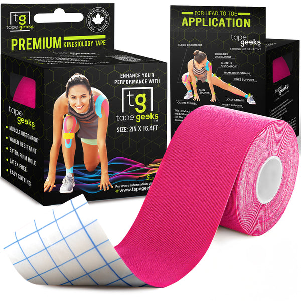 Hot pink TapeGeeks kinesiology tape roll paired with packaging, made for muscle stabilization and enhanced athletic performance.