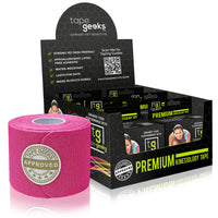 TapeGeeks hot pink kinesiology tape for vibrant athletic muscle support, pain relief, and secure fit.