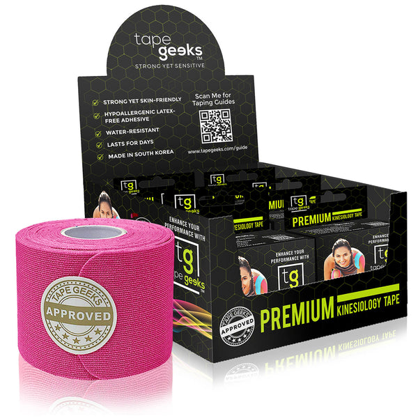 TapeGeeks hot pink kinesiology tape for vibrant athletic muscle support, pain relief, and secure fit.