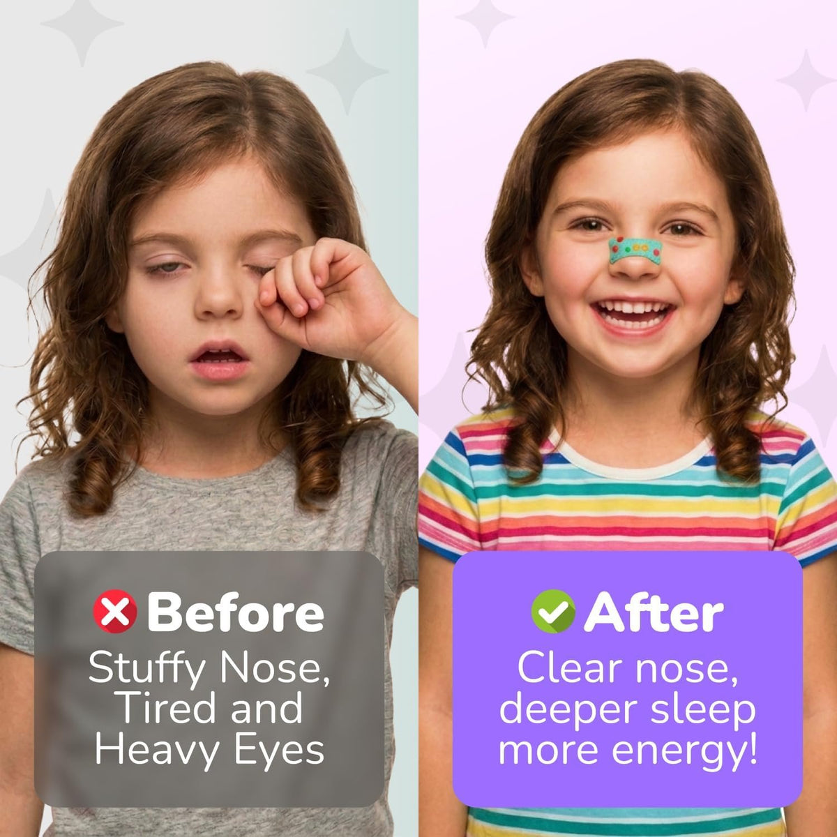 Before and after TapeGeeks kids nasal strips - before stuffy nose tired heavy eyes after clear nose deeper sleep more energy