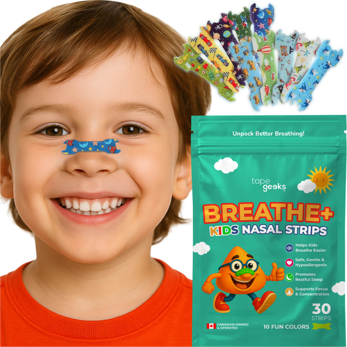 A smiling child wearing a blue patterned TapeGeeks kids nasal strip, shown with the colorful kids nasal strip packaging and multiple fun designs for easier breathing.
