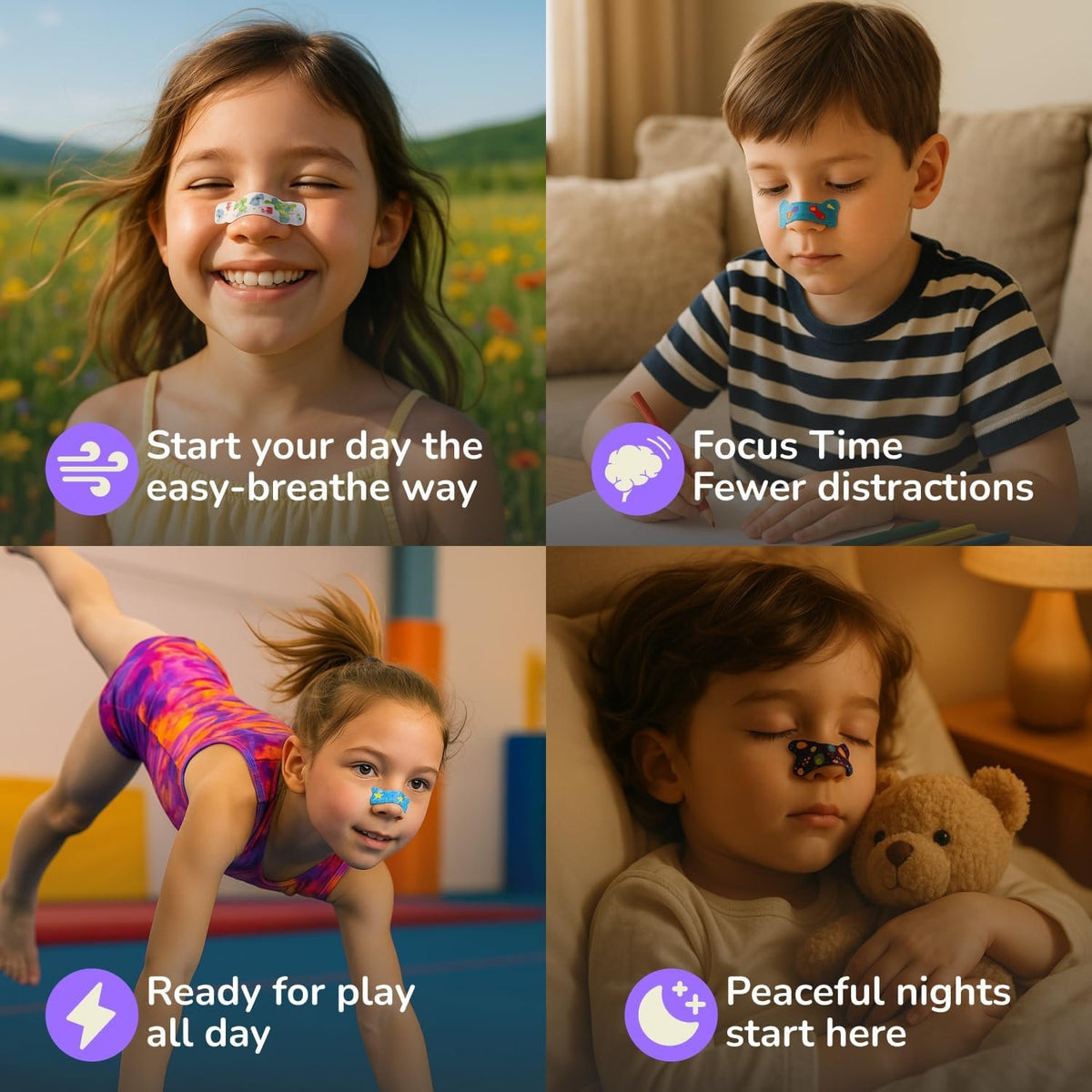 TapeGeeks kids nasal strips worn during outdoor play focus time sports and peaceful nighttime sleep