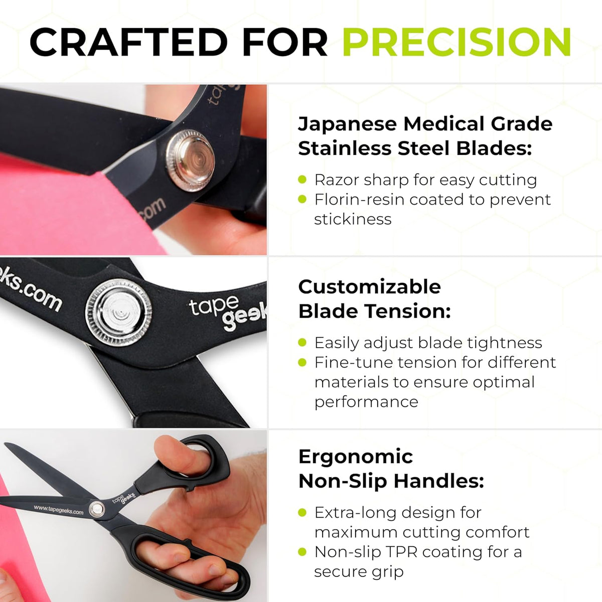 Close-up of TapeGeeks kinesiology taping scissors highlighting Japanese medical-grade stainless steel blades, adjustable tension screw, and ergonomic non-slip TPR handles for smooth, precise cutting.

