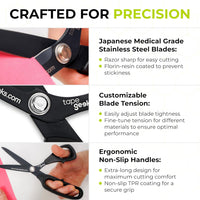 Close-up of TapeGeeks kinesiology taping scissors highlighting Japanese medical-grade stainless steel blades, adjustable tension screw, and ergonomic non-slip TPR handles for smooth, precise cutting.