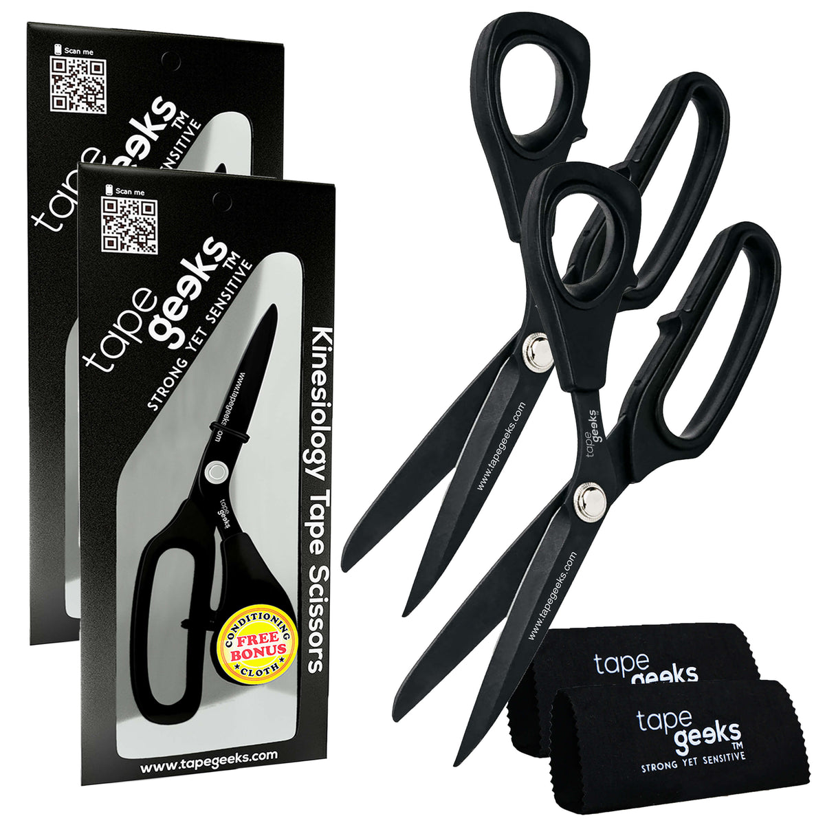 Two TapeGeeks kinesiology tape scissors displayed beside branded packaging and microfiber cloths, emphasizing their anti-gumming fluorine coating and precise cutting ability.

