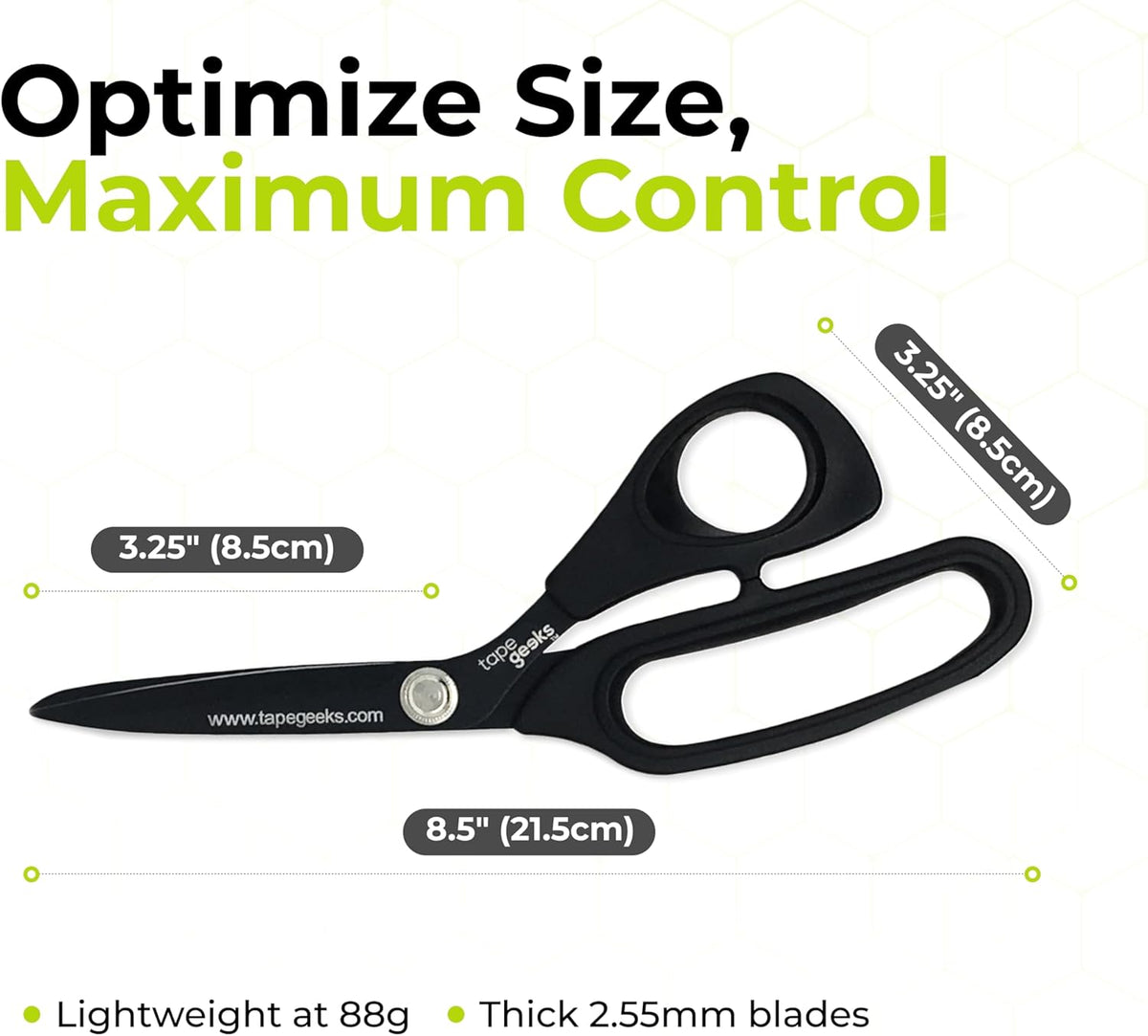 TapeGeeks kinesiology tape scissors with ergonomic handle, 8.5-inch length, 3.25-inch blade, and lightweight design for control.
