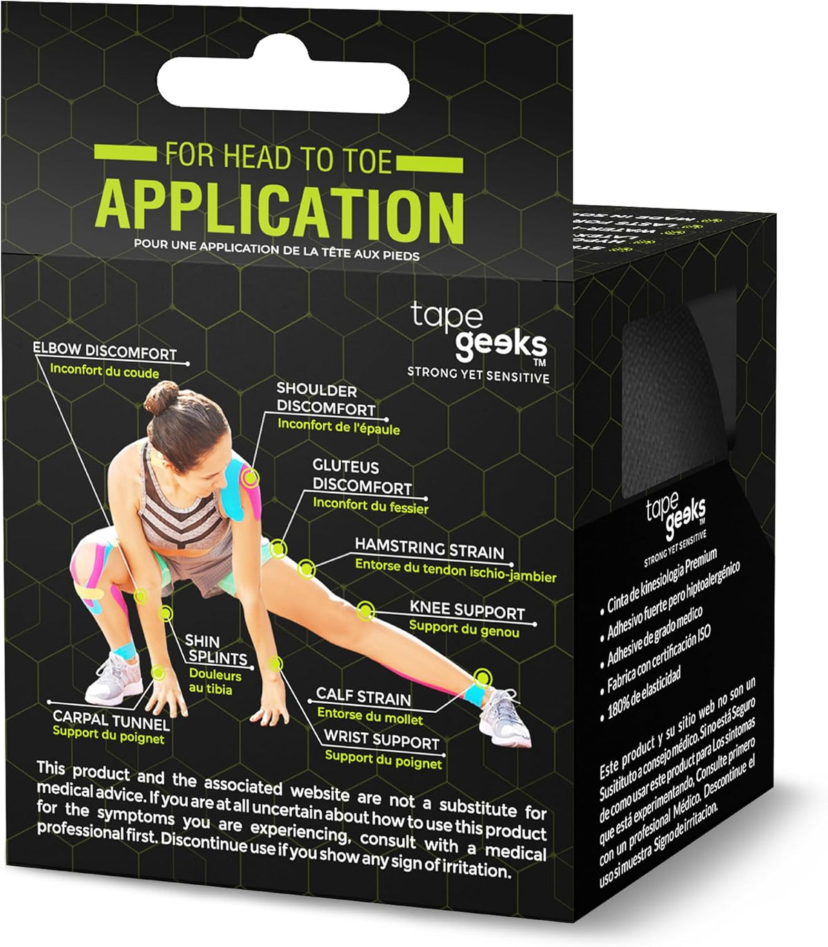 TapeGeeks kinesiology tape packaging showing full body applications for wrist, calf, knee, hamstring, and more.
