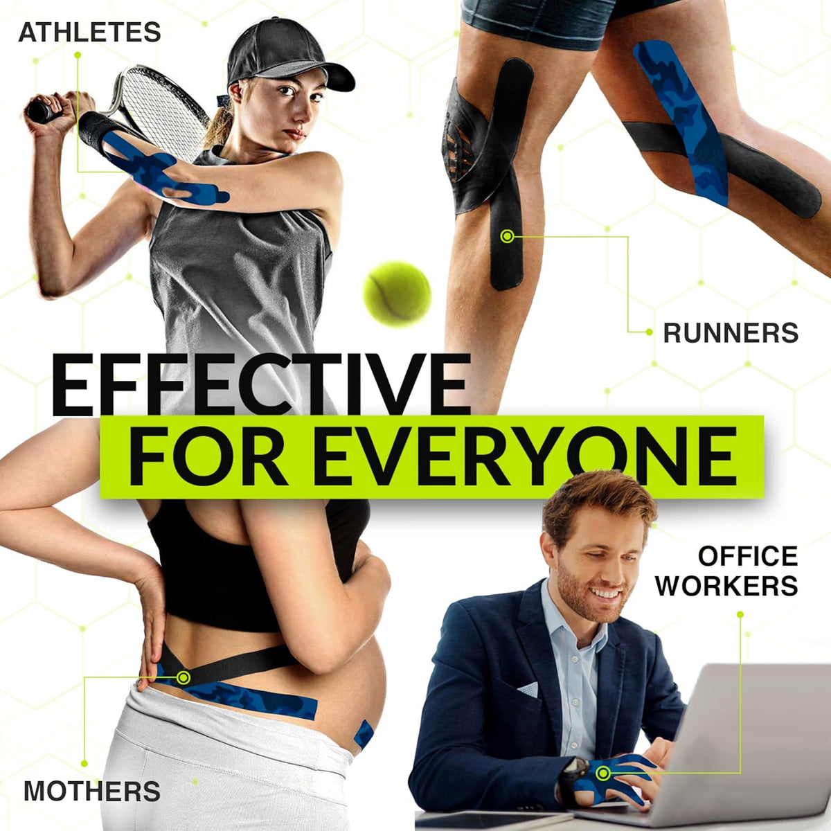 kinesiology tape, blue tape, black tape, athletes, runners, mothers, office workers, muscle recovery, versatile use
