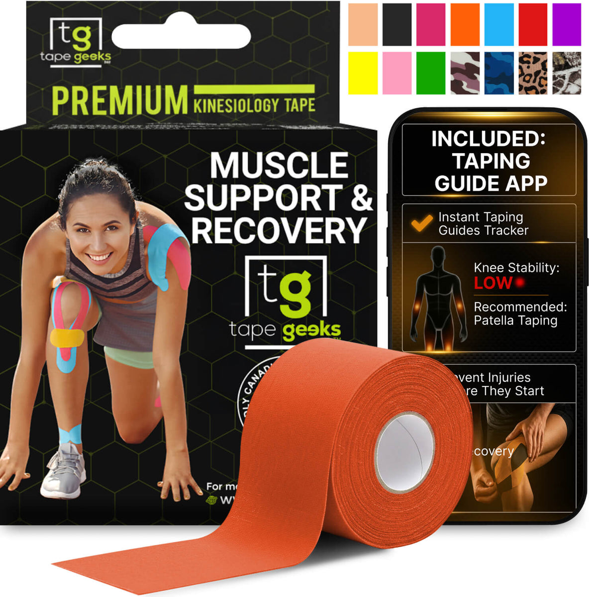 Orange kinesiology tape roll for muscle support, recovery, and active sports performance
