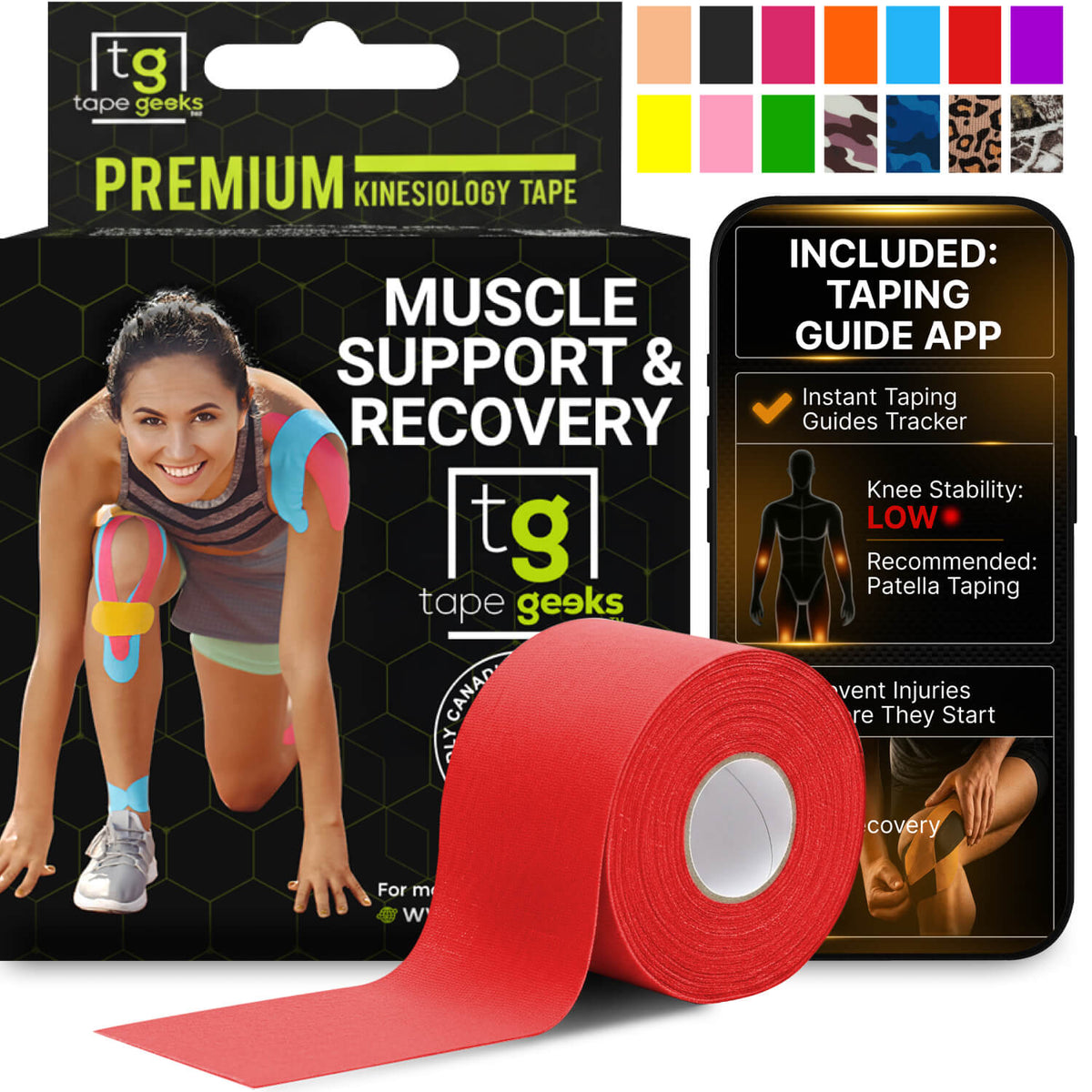 Red kinesiology tape roll designed for muscle stabilization, recovery, and athletic performance
