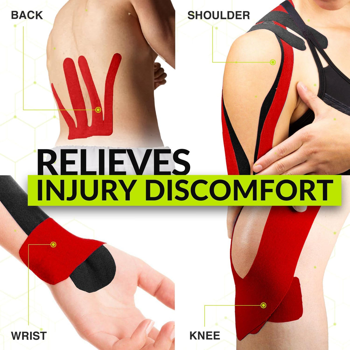TapeGeeks red and black kinesiology tape applied on shoulder, back, wrist, and knee to relieve injury discomfort.
