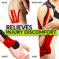 TapeGeeks red and black kinesiology tape applied on shoulder, back, wrist, and knee to relieve injury discomfort.