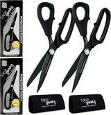 A pair of black TapeGeeks kinesiology tape scissors shown with premium packaging and microfiber cleaning cloths, highlighting their Japanese stainless steel blades and multipurpose cutting performance.