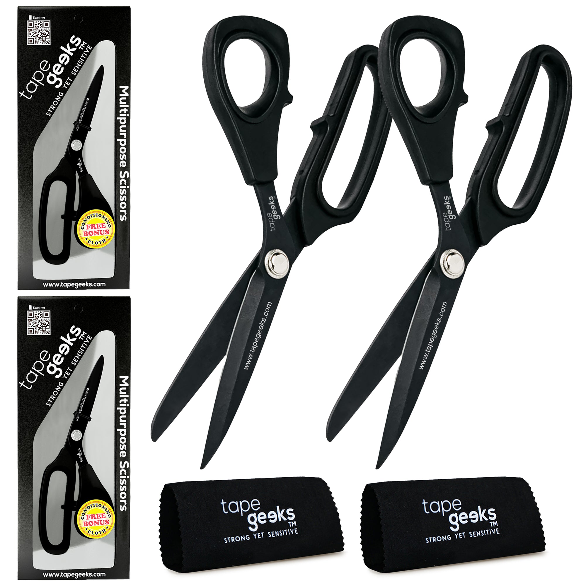 A pair of black TapeGeeks kinesiology tape scissors shown with premium packaging and microfiber cleaning cloths, highlighting their Japanese stainless steel blades and multipurpose cutting performance.
