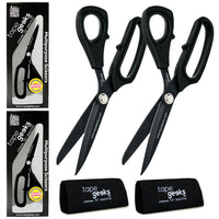 A pair of black TapeGeeks kinesiology tape scissors shown with premium packaging and microfiber cleaning cloths, highlighting their Japanese stainless steel blades and multipurpose cutting performance.