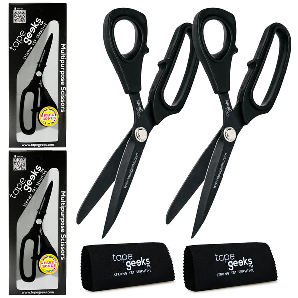 A pair of black TapeGeeks kinesiology tape scissors shown with premium packaging and microfiber cleaning cloths, highlighting their Japanese stainless steel blades and multipurpose cutting performance.