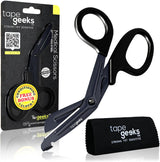 TapeGeeks industrial-grade kinesiology tape scissors shown with product packaging and included cleaning cloth, featuring angled handles and durable stainless steel blades.
