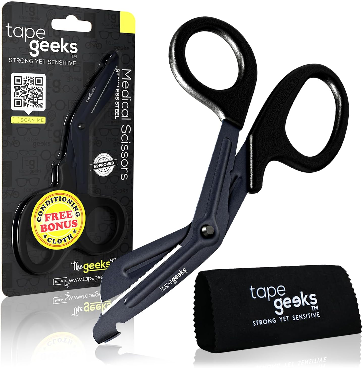 TapeGeeks industrial-grade kinesiology tape scissors shown with product packaging and included cleaning cloth, featuring angled handles and durable stainless steel blades.
