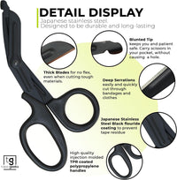 Close-up feature display of TapeGeeks scissors showing thick stainless steel blades, deep serrations, blunted safety tip, black fluoride coating, and ergonomic polypropylene handles.