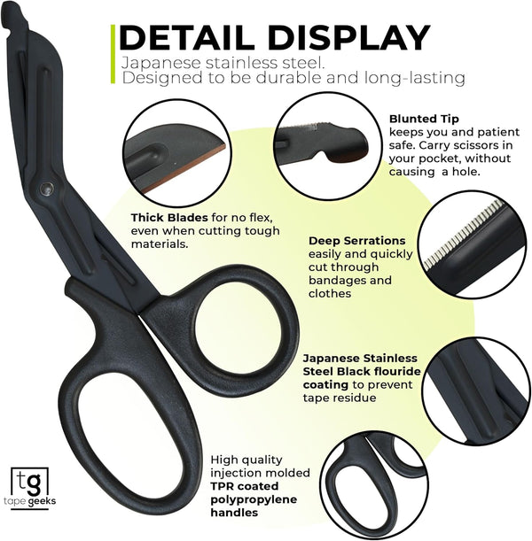 Close-up feature display of TapeGeeks scissors showing thick stainless steel blades, deep serrations, blunted safety tip, black fluoride coating, and ergonomic polypropylene handles.