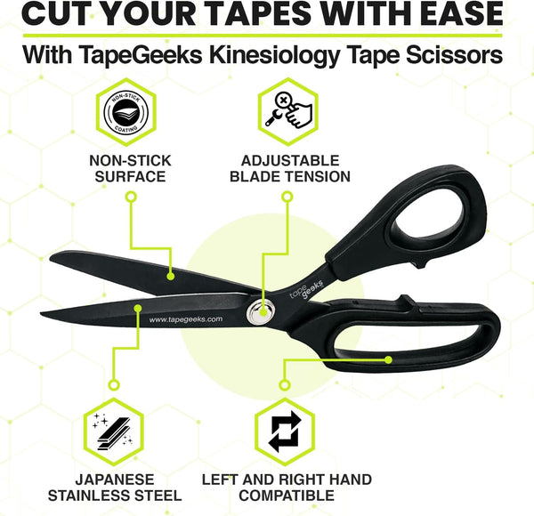 TapeGeeks kinesiology tape scissors with non-stick surface, adjustable tension, and Japanese stainless steel blades for easy cutting.