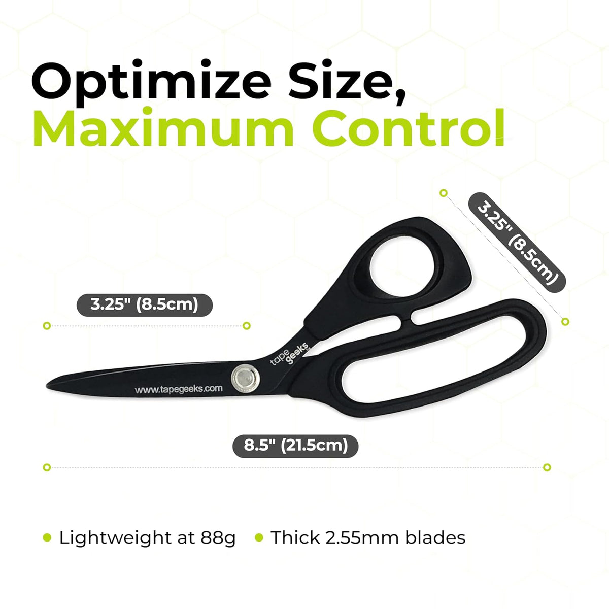 TapeGeeks kinesiology tape scissors shown with size measurements, featuring lightweight 88g design, 3.25-inch blades, and ergonomic handles for maximum cutting control.
