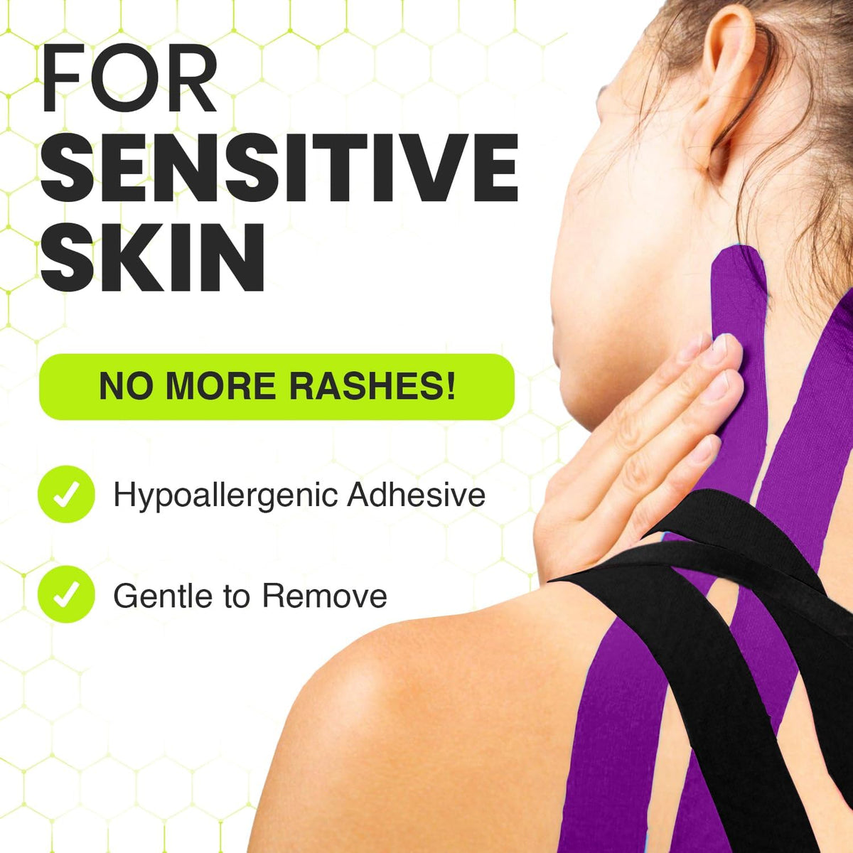 Woman applying TapeGeeks purple and black kinesiology tape on shoulder and neck, hypoallergenic for sensitive skin.
