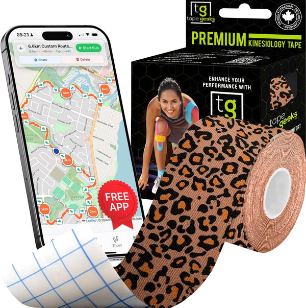 Kinesiology tape with leopard print design, smartphone app, offering strong adhesion and skin-friendly support for workouts and recovery and branded packaging.