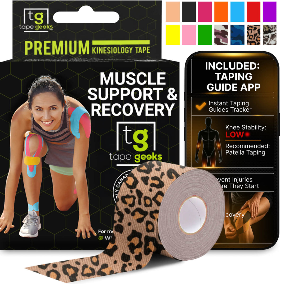 TapeGeeks 2-inch leopard print kinesiology tape combining bold style with professional-grade muscle support, joint stabilization, and long-lasting comfort for fitness, yoga, and sports performance.
