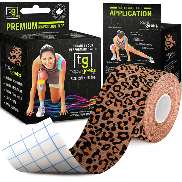 Leopard-print TapeGeeks kinesiology tape roll next to branded packaging, combining bold style with reliable muscle support and flexible movement.