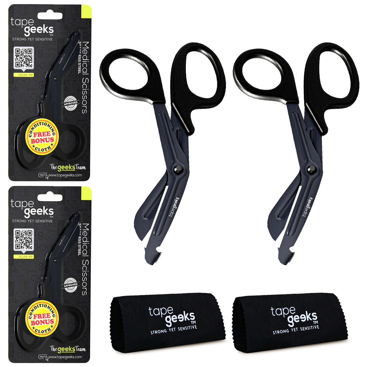 Two TapeGeeks medical scissors with black handles and stainless steel blades shown with packaging and microfiber cleaning cloths, highlighting the durable trauma shears bundle.

