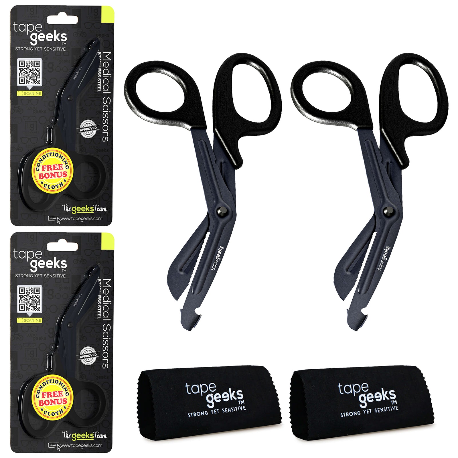 Two TapeGeeks medical scissors with black handles and stainless steel blades shown with packaging and microfiber cleaning cloths, highlighting the durable trauma shears bundle.

