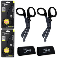 Two TapeGeeks medical scissors with black handles and stainless steel blades shown with packaging and microfiber cleaning cloths, highlighting the durable trauma shears bundle.