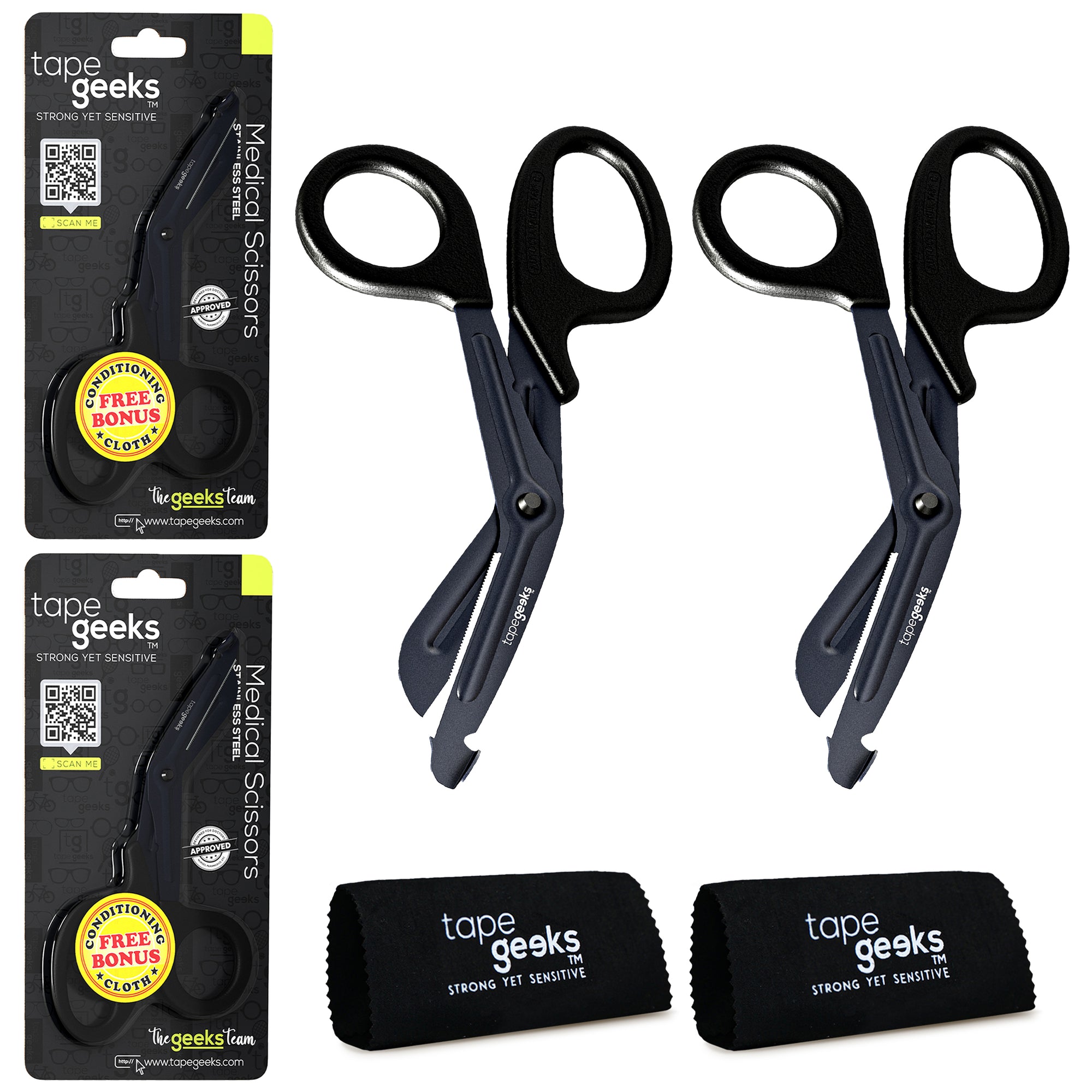 Two TapeGeeks medical scissors with black handles and stainless steel blades shown with packaging and microfiber cleaning cloths, highlighting the durable trauma shears bundle.
