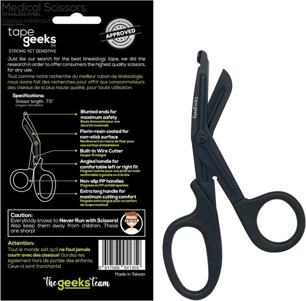 TapeGeeks medical scissors displayed beside retail packaging with highlighted features such as blunted ends, non-slip handles, fluoride-coated stainless steel blades, and built-in wire cutter.