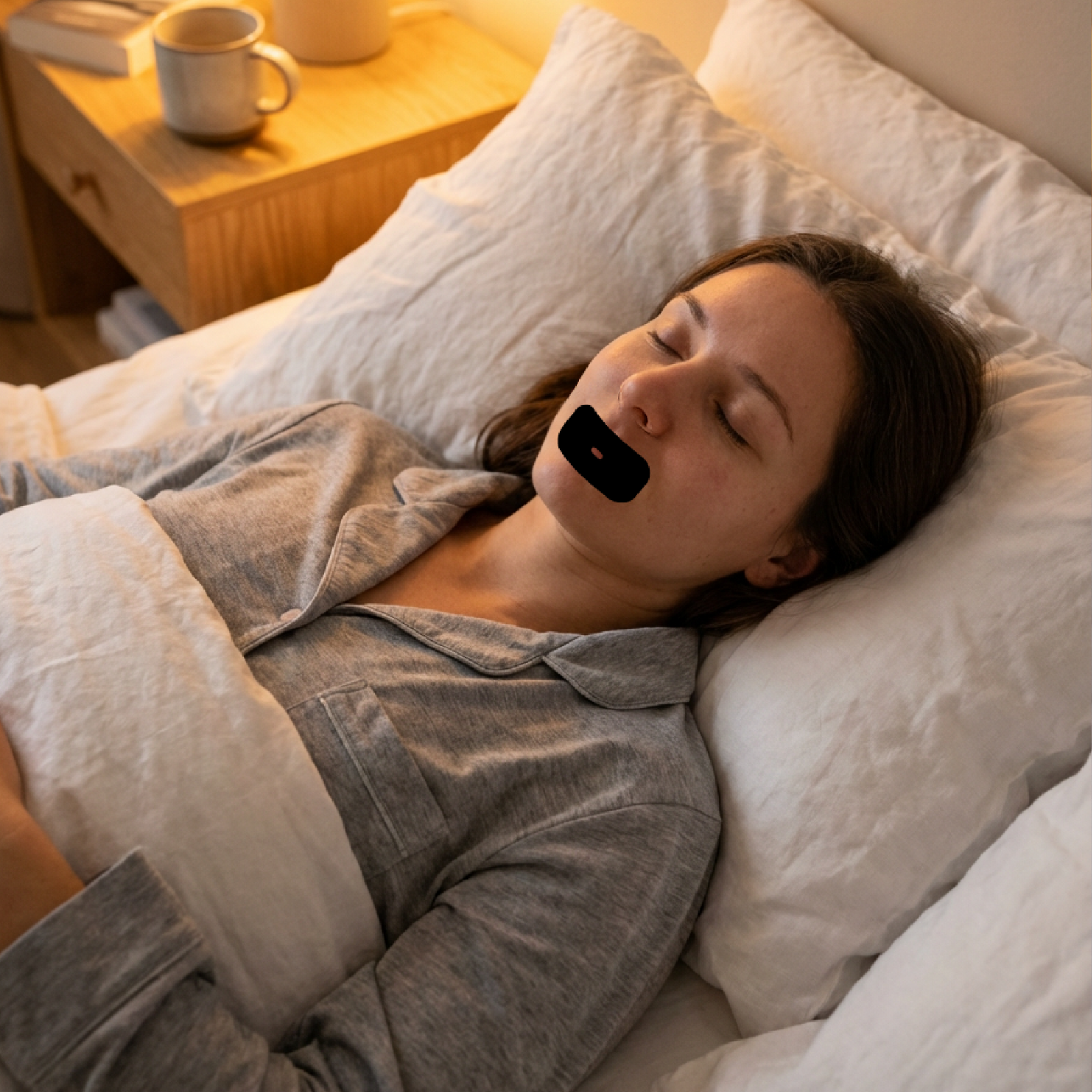 Woman sleeping with TapeGeeks Breathe+ mouth tape for nasal breathing and snoring prevention