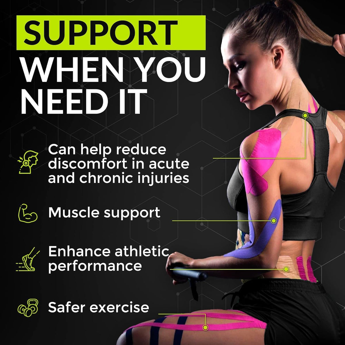 TapeGeeks multi-color kinesiology tape provides targeted muscle support, injury relief, and improved performance for athletes.
