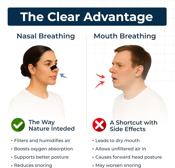 comparison of nasal breathing versus mouth breathing showing benefits of tapegeeks nasal strips for airflow and posture