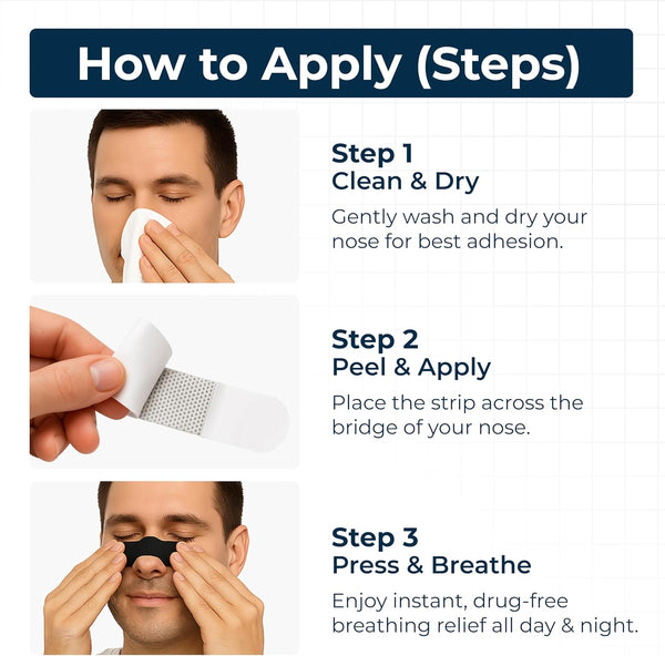 step-by-step guide showing how to clean peel and apply tapegeeks nasal strips for better breathing and snoring relief