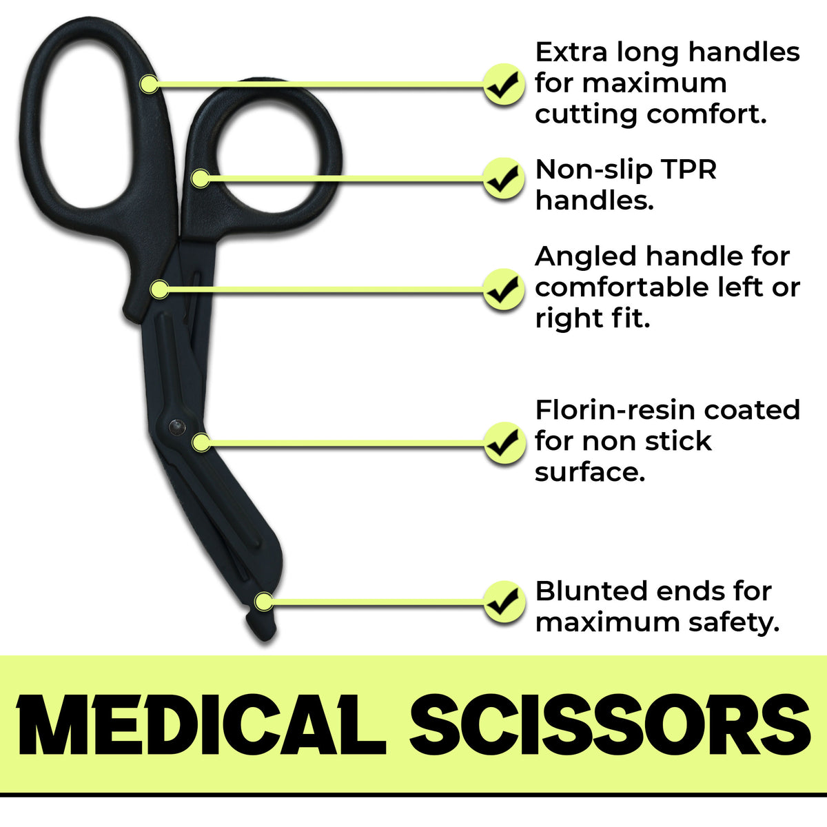 TapeGeeks medical scissors featuring extra-long non-slip TPR handles, angled design, non-stick coated blades, and blunted ends for maximum safety.
